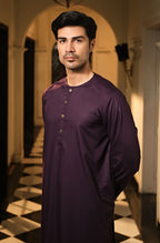 Manto Men's Deep Purple Wash-n-Wear Lucknow Collar Kurta & Pajama Set