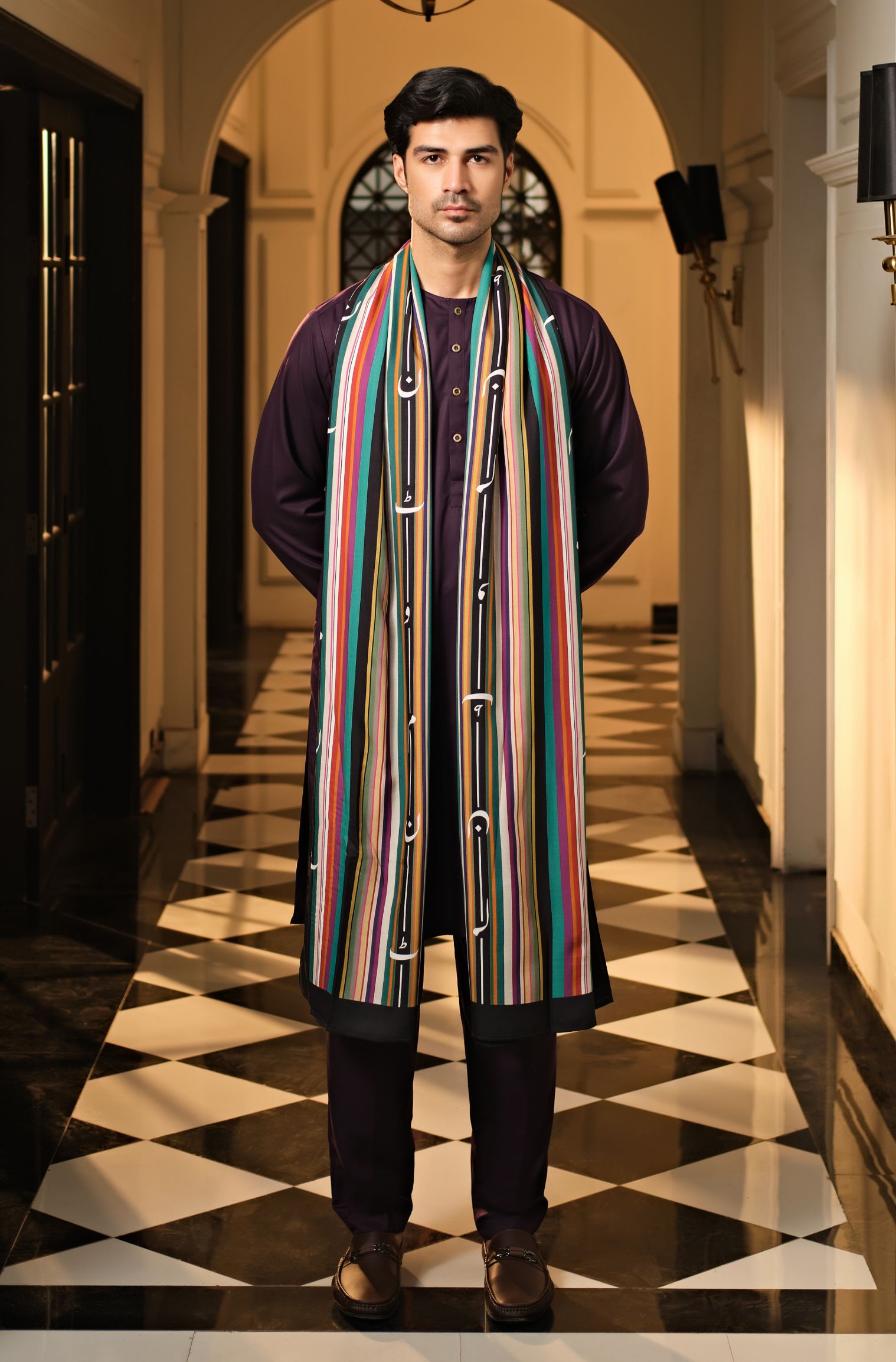 Manto Men's Deep Purple Wash-n-Wear Lucknow Collar Kurta & Pajama Set Paired with Rangreza Odhni