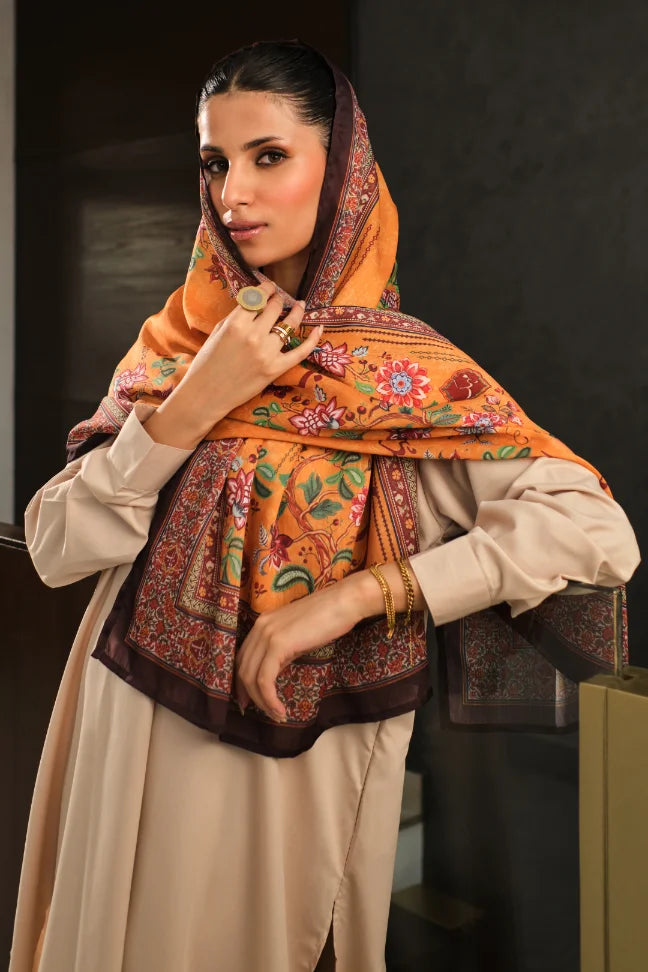 Manto Women's Crinkled Silk Mustard Rania Scarf Featuring Urdu Words