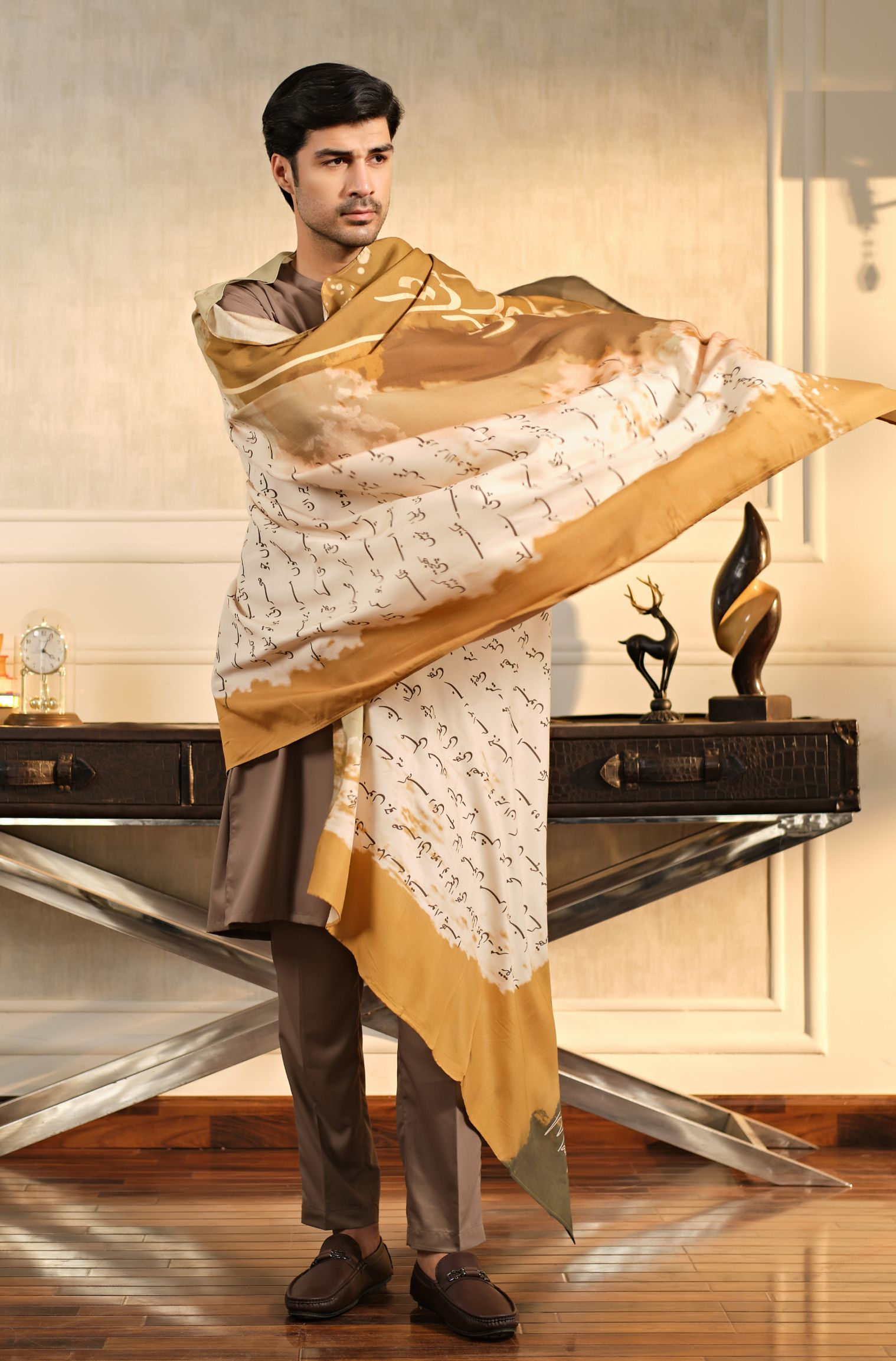 Manto's Unisex Beige Khat Odhni featuring Urdu Calligraphy Throughout