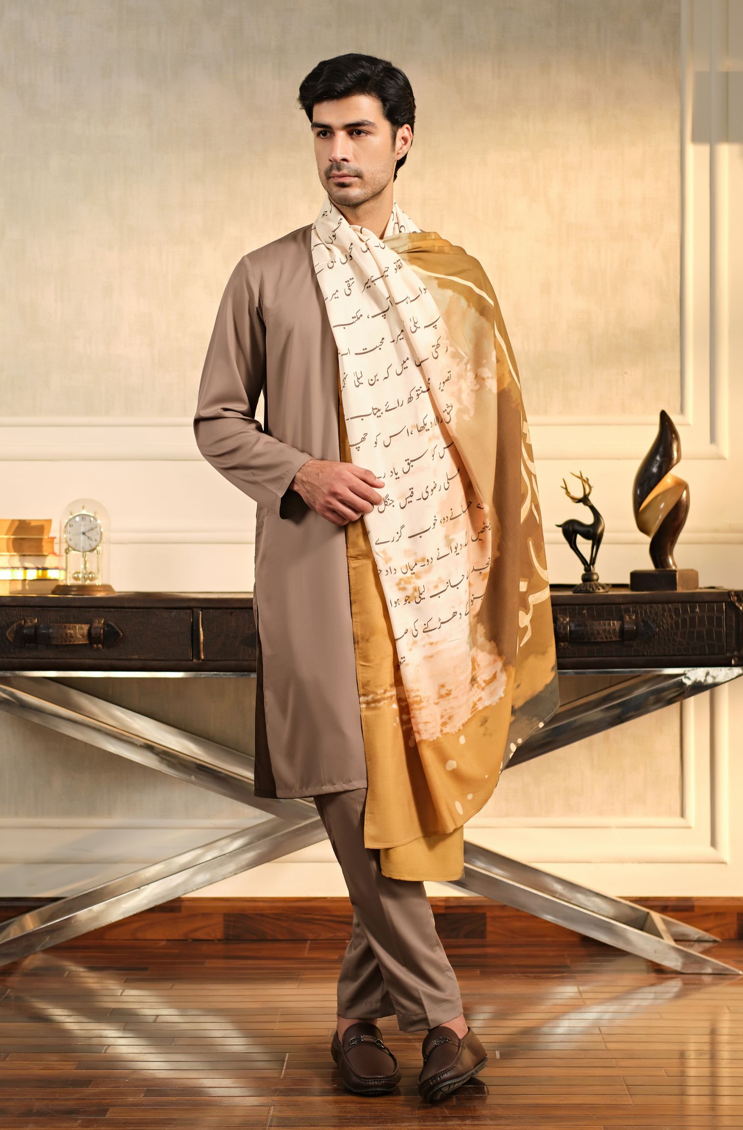 Manto Men's Grey Wash-n-wear Kurta Pajama Paired with Beige Khat Odhni