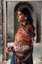 Manto Women's Crinkle Silk Rust Dasht Scarf featuring Urdu Calligraphy of Words by Allama Iqbal