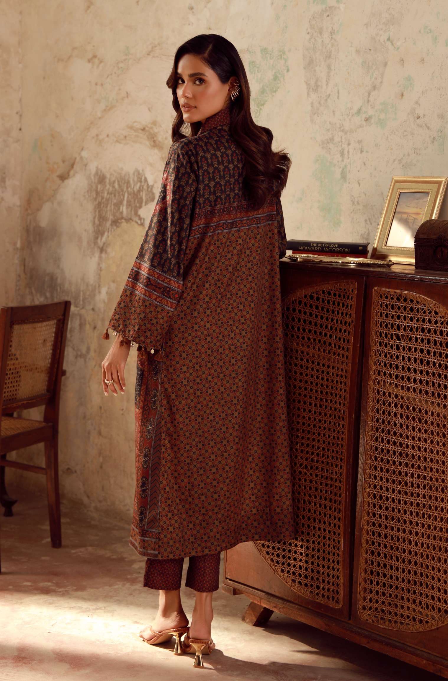 Manto Women's Ready to Wear Brown Outerwear Long Shrug with Urdu Calligraphy