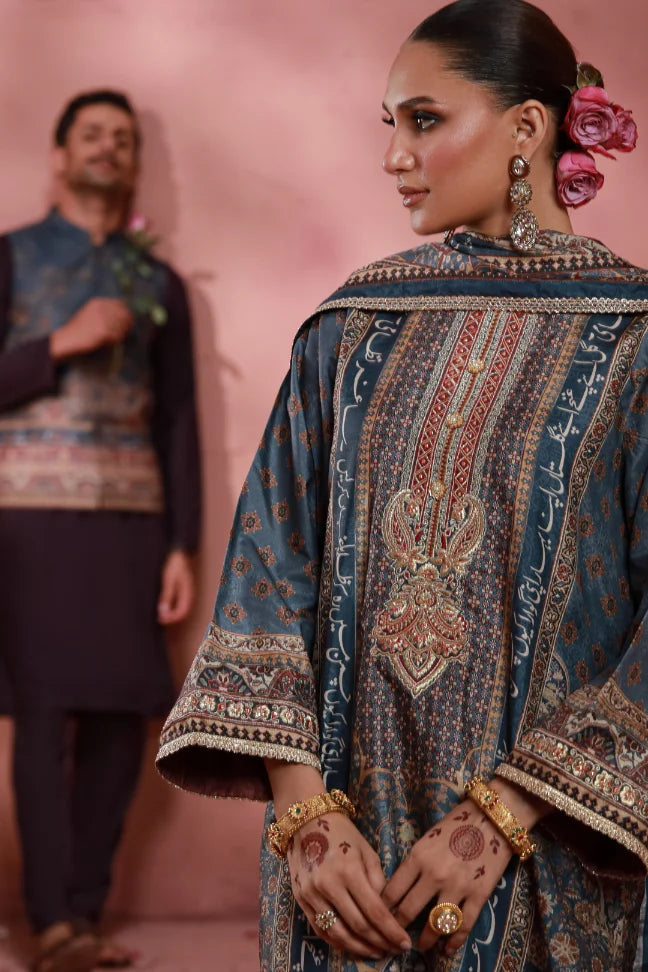 Manto Women's Festive Wear 3 Piece Raw Silk Grey Set with Urdu Calligraphy