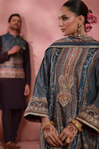 Manto Women's Festive Wear 3 Piece Raw Silk Grey Set with Urdu Calligraphy