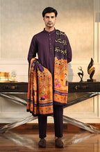 Manto Men's Deep Purple Wash-n-Wear Sherwani Collar Kurta & Pajama Set Paired with Furqat Odhni