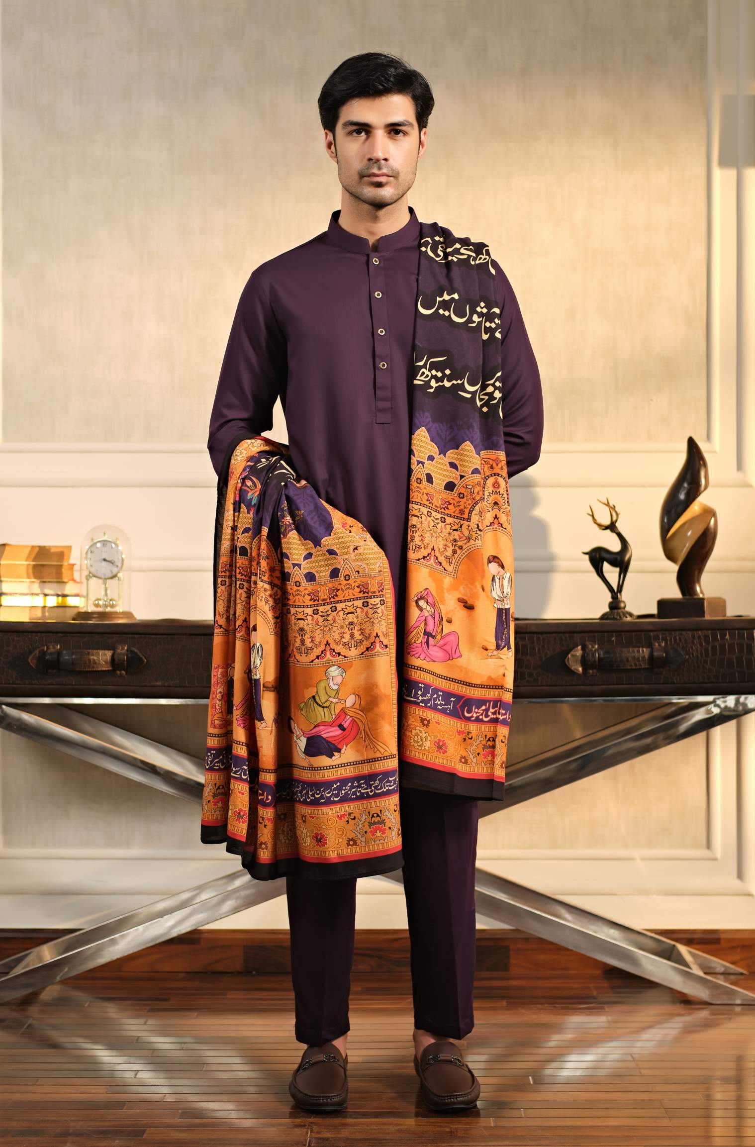 Manto Men's Deep Purple Wash-n-Wear Sherwani Collar Kurta & Pajama Set Paired with Furqat Odhni