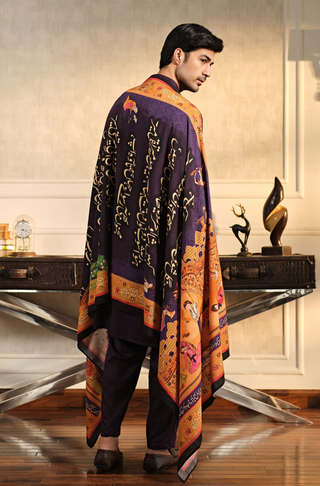 Manto Men's Deep Purple Wash-n-Wear Sherwani Collar Kurta & Pajama Set Paired with Furqat Odhni