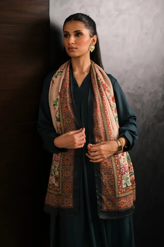 Manto Women's Crinkled Silk Beige Rania Scarf Featuring Urdu Words