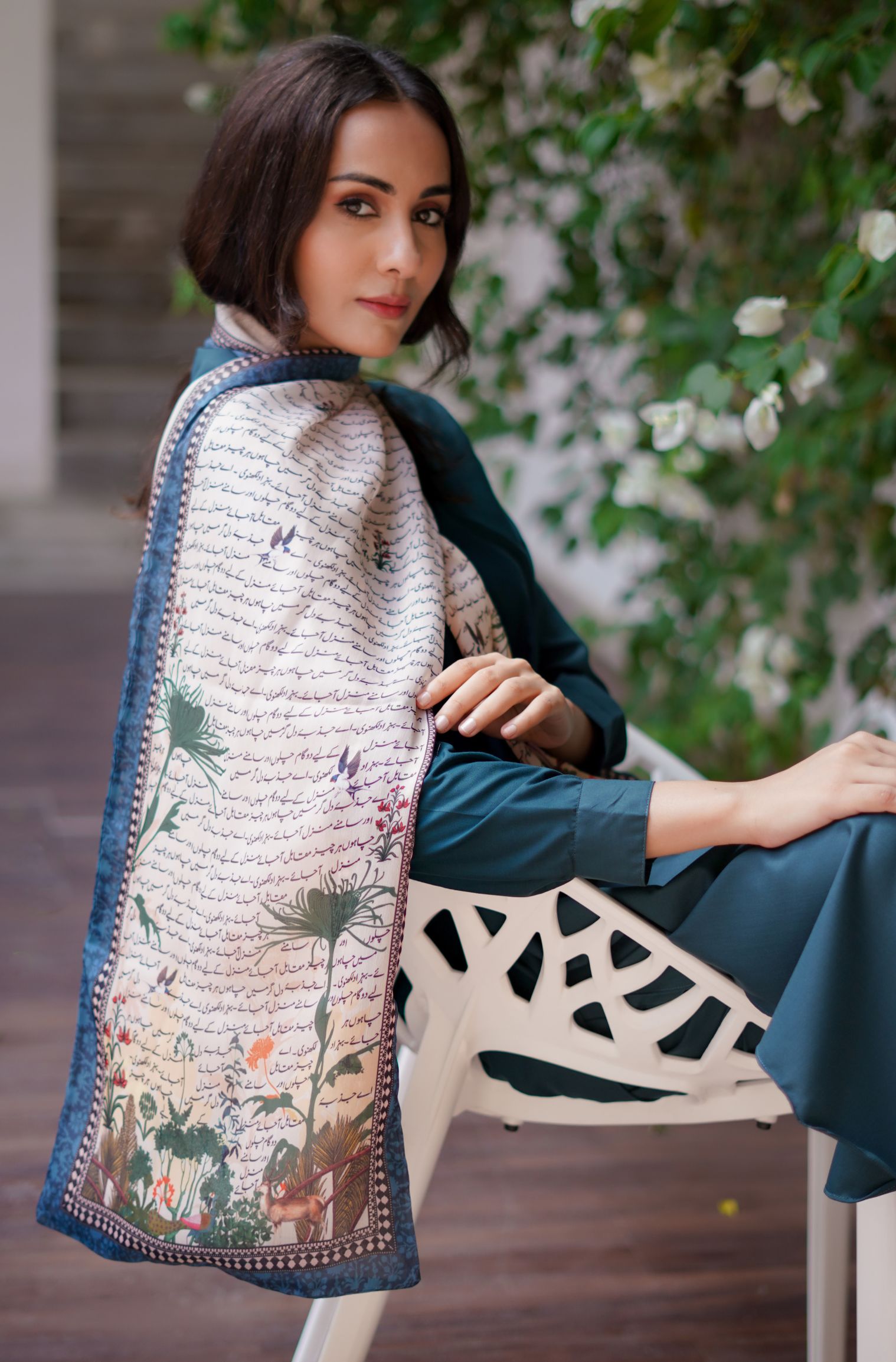 Manto Women's Stitched 1 Piece Crepe Silk Beige & Blue Khwahish Stole Featuring Poetry of Behzad Lucknavi