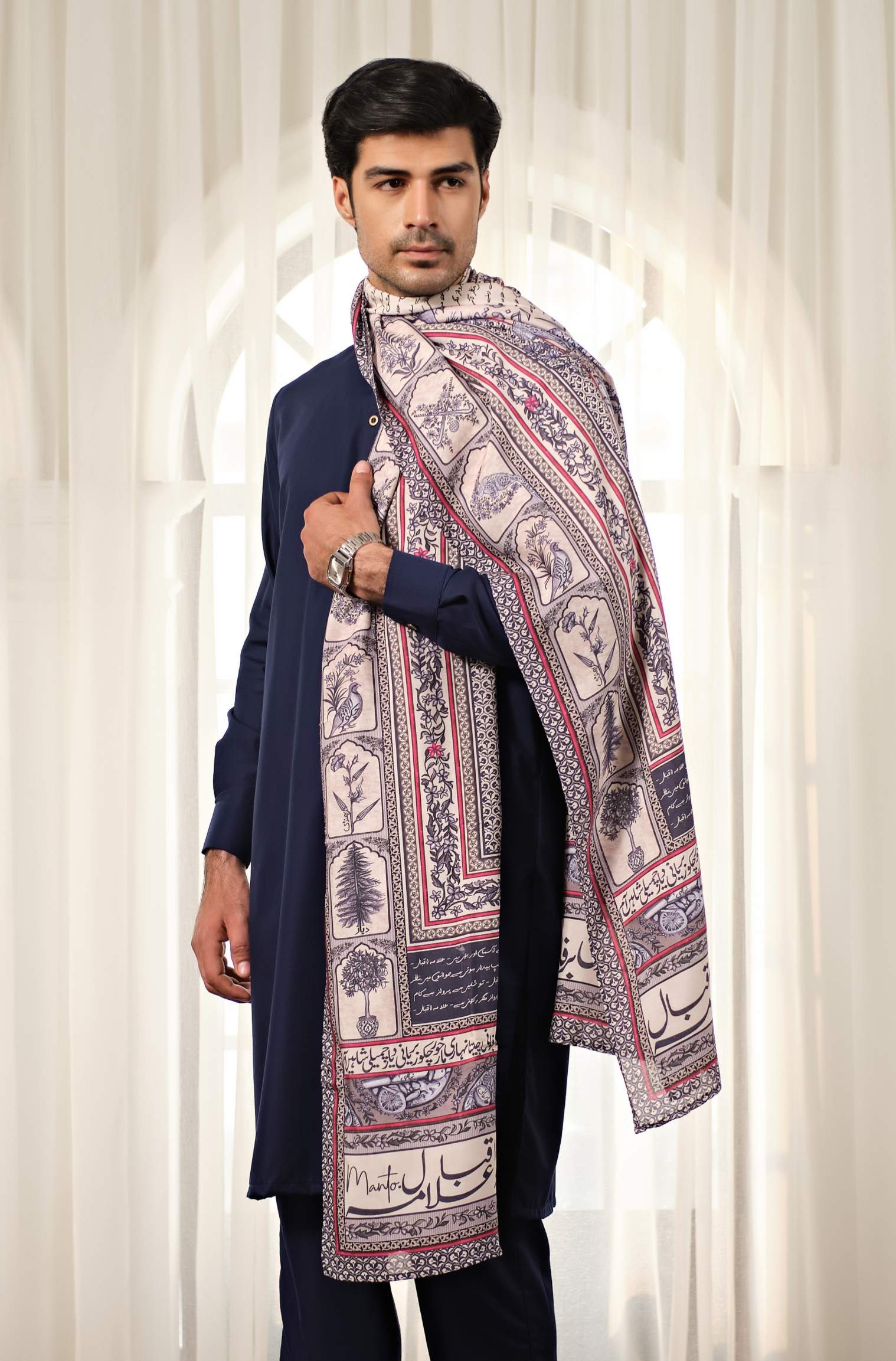 Manto's Unisex Royal Blue & White Virsa Ofhni with Urdu Calligraphy