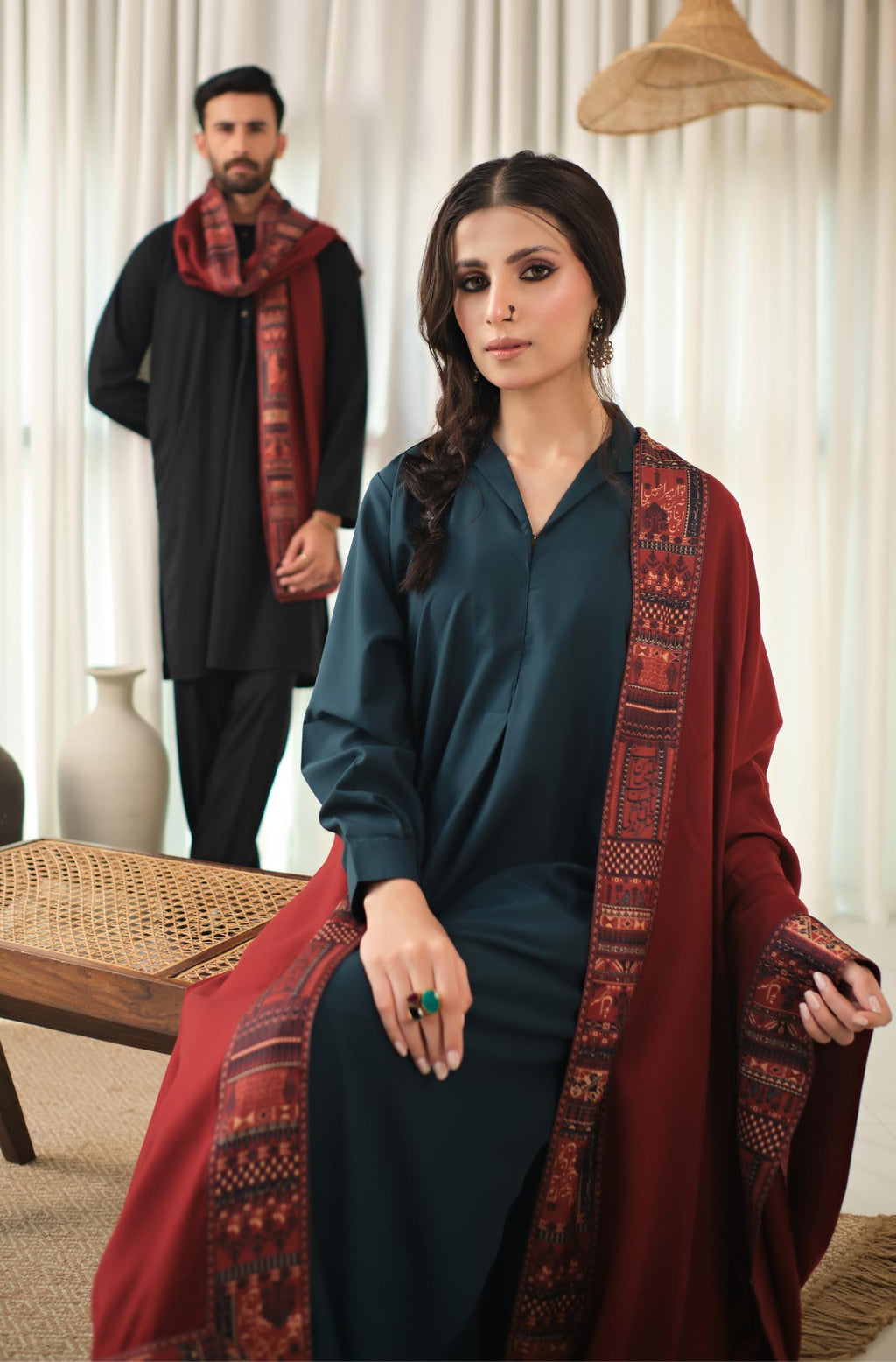 Manto's Unisex Maroon Manzil Shawl with Printed Borders
