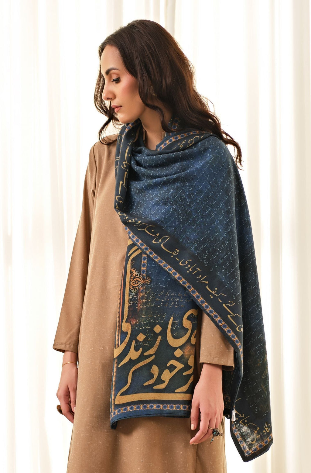 Manto's Unisex Double Sided Blue Chirag Stole featuring Urdu Calligraphy