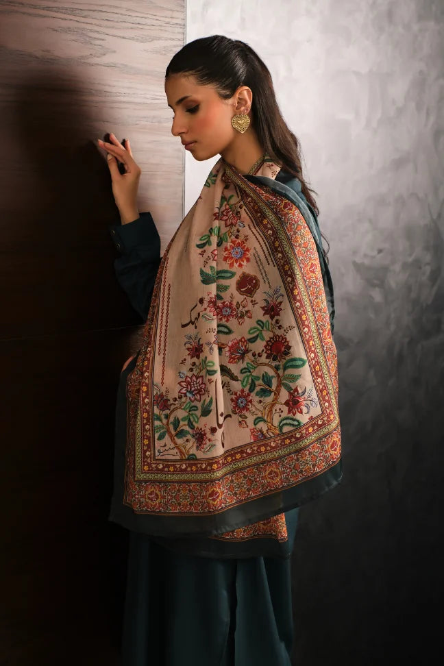 Manto Women's Crinkled Silk Beige Rania Scarf Featuring Urdu Words