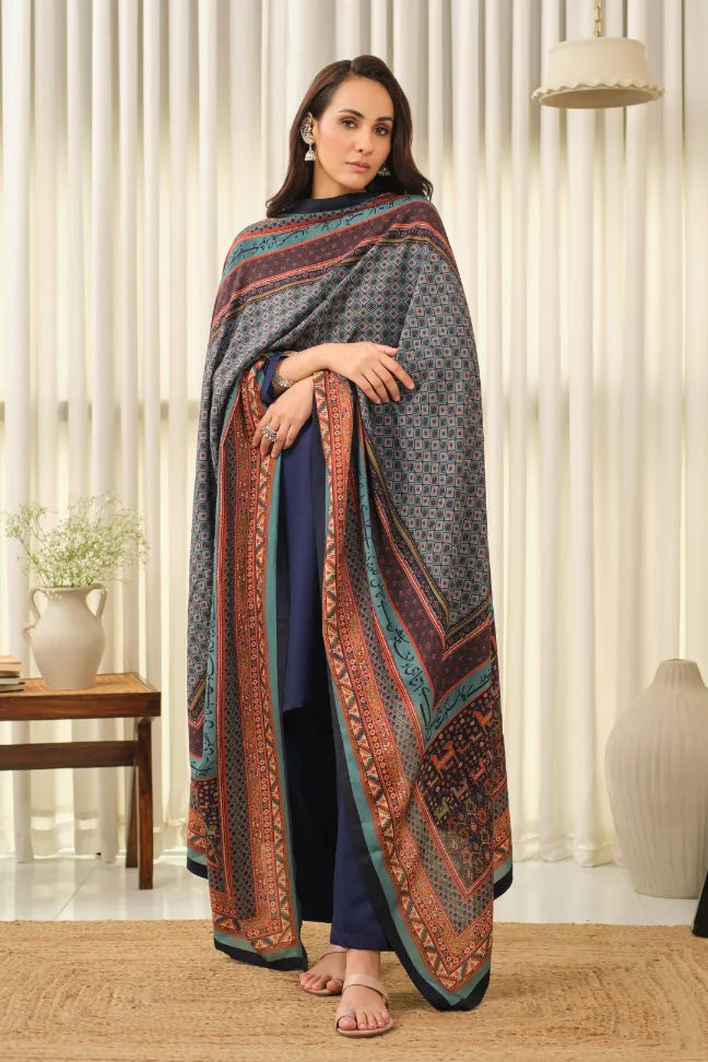 Manto Women's Accessories Blue Odhni with Urdu Calligraphy