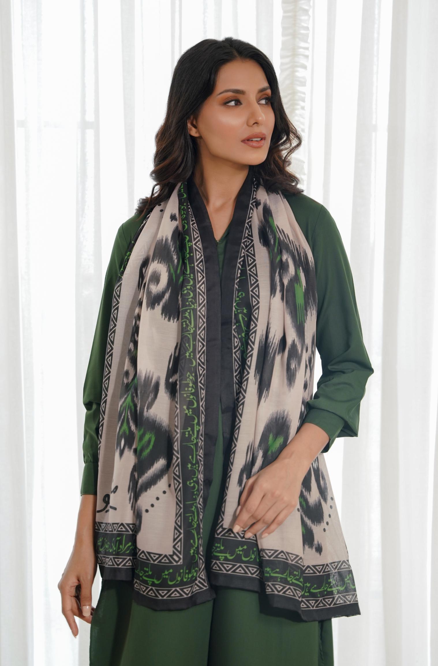 Manto's Swiss Lawn Dastoor Scarf Featuring Urdu Calligraphy of Poetry by Jigar Muard Abadi