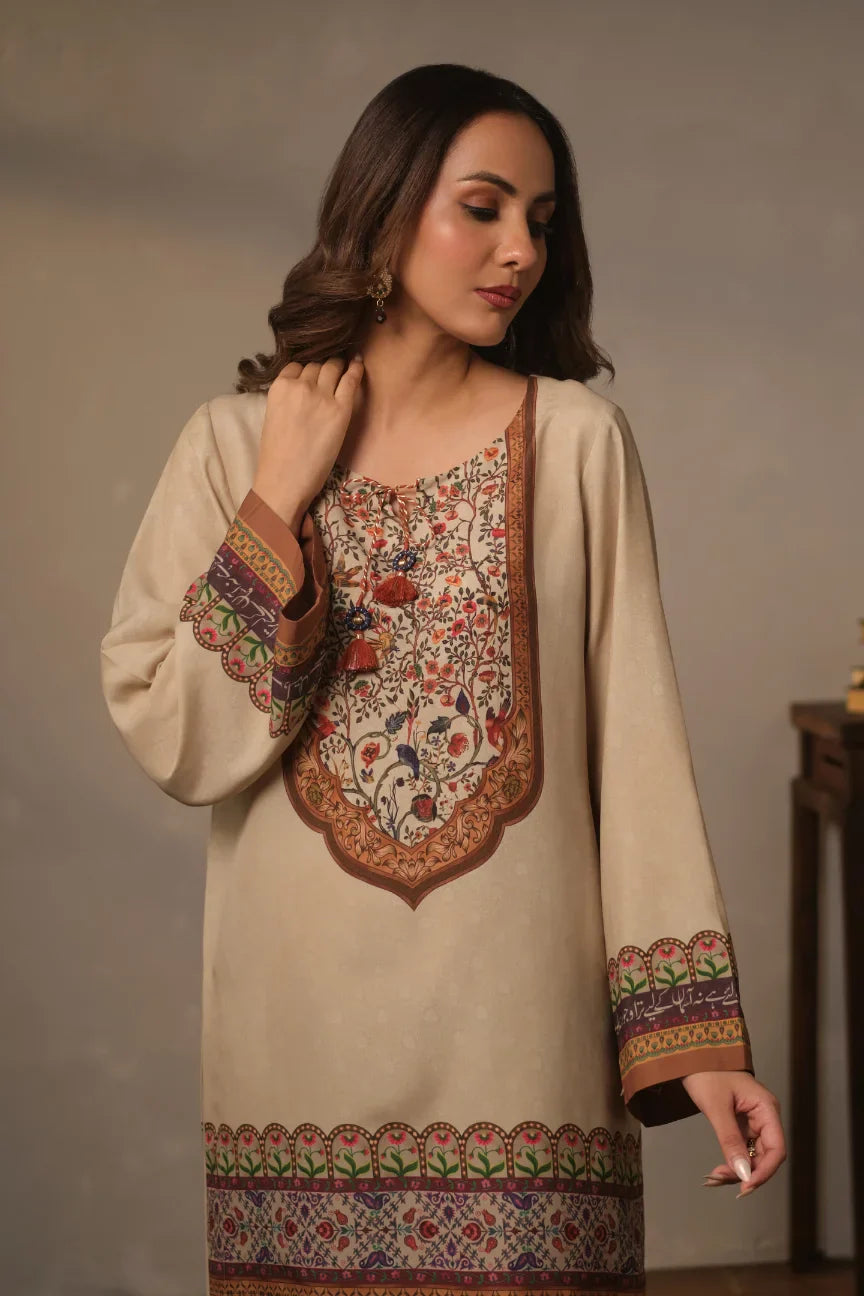 Women's Ready to Wear Printed Beige 2 Piece Set with Urdu Calligraphy