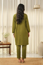 Manto Women's Olive Green 2-Piece Lucknow Style Collar Solid Co-Ord Set