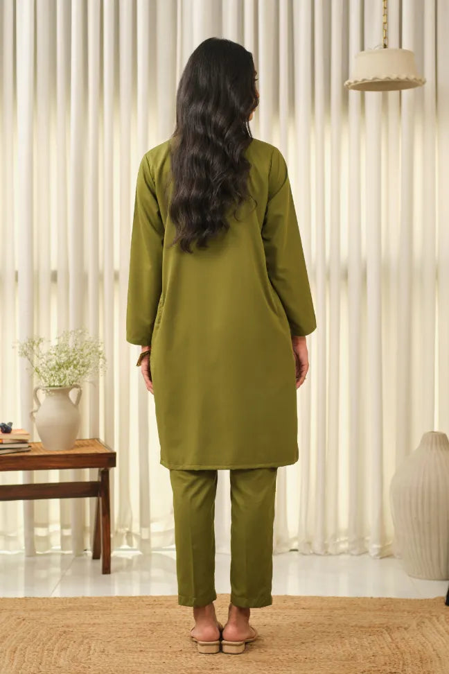 Manto Women's Olive Green 2-Piece Lucknow Style Collar Solid Co-Ord Set