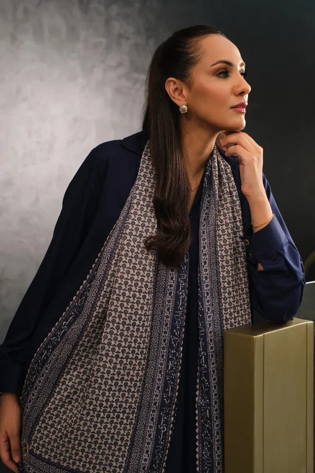 Manto Women's Silk Double Sided Blue Saya Stole with Urdu Calligraphy