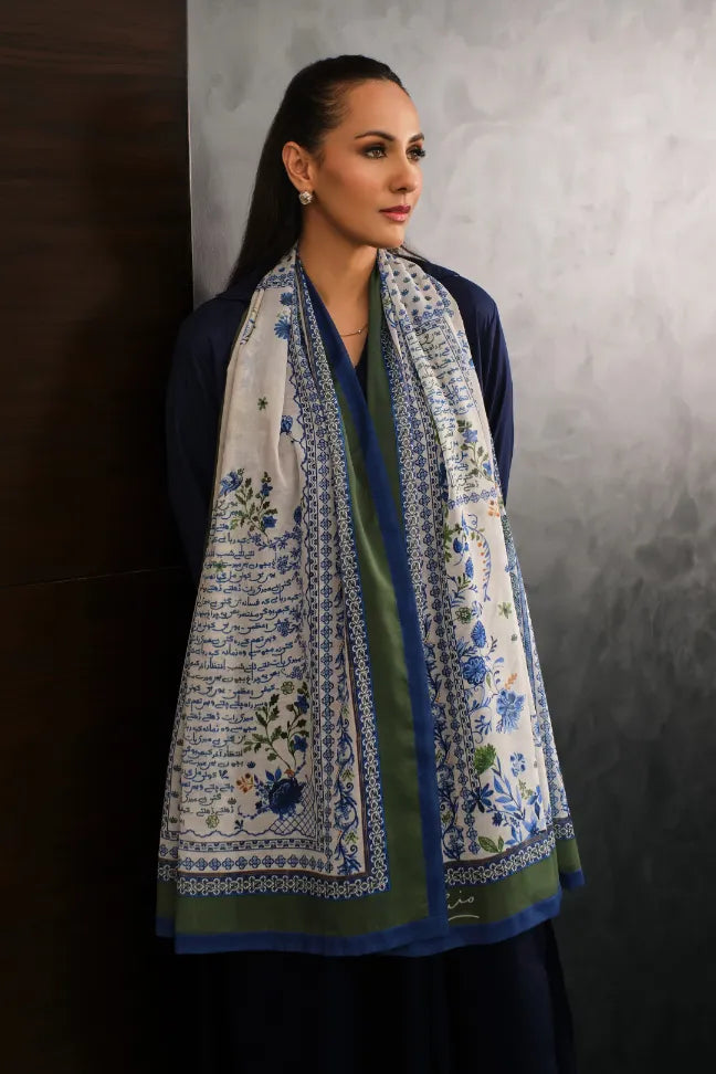 Manto Women's Printed Off White Crinkle Silk Scarf with Urdu Calligraphy