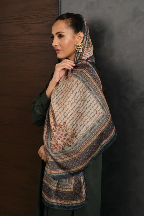 Manto Women's Beige Crinkle Silk Scarf with Urdu Calligraphy