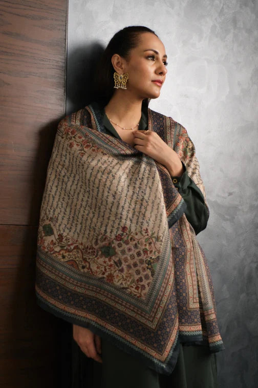 Manto Women's Beige Crinkle Silk Scarf with Urdu Calligraphy