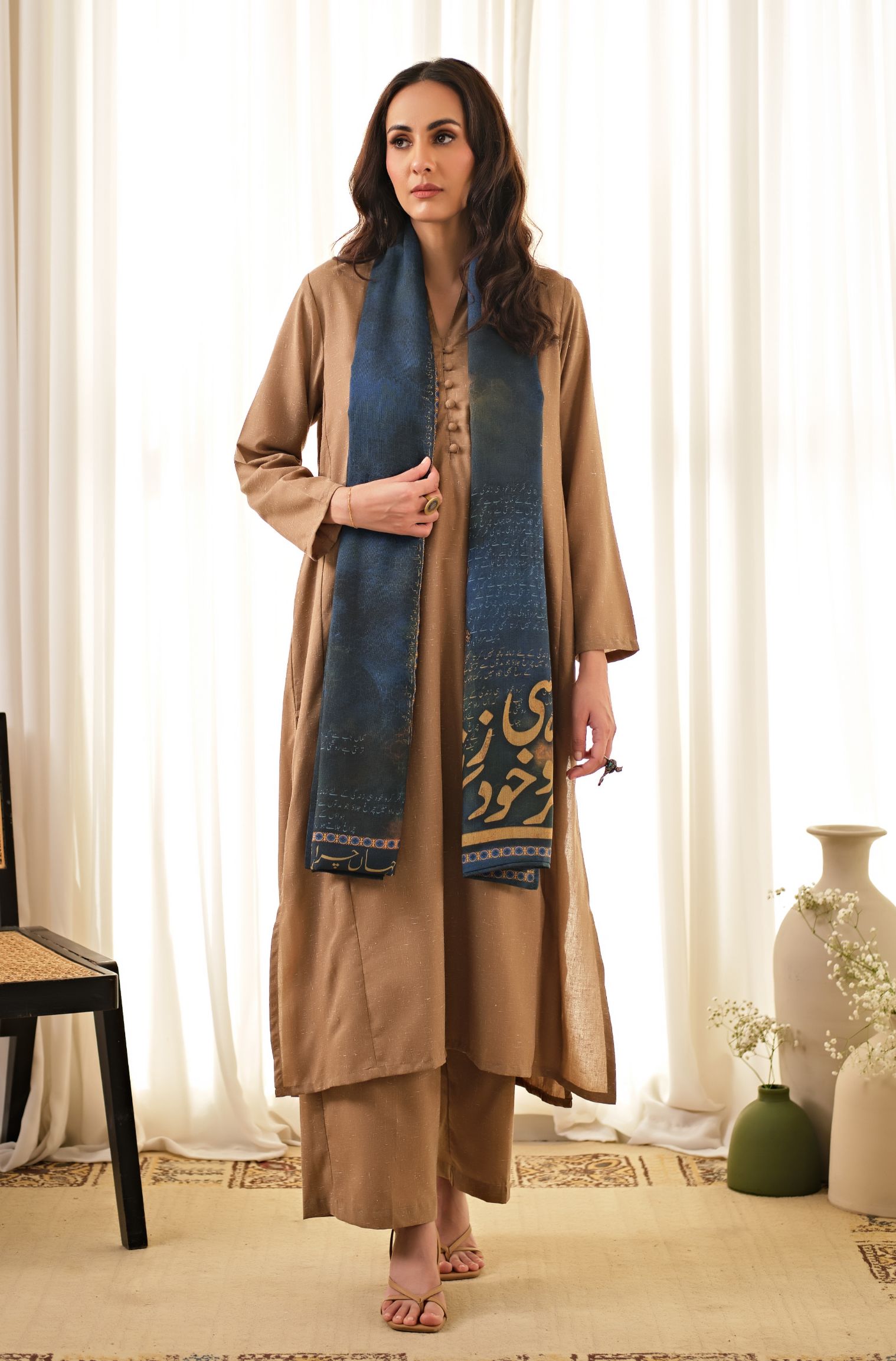 Manto's Unisex Double Sided Blue Chirag Stole featuring Urdu Calligraphy