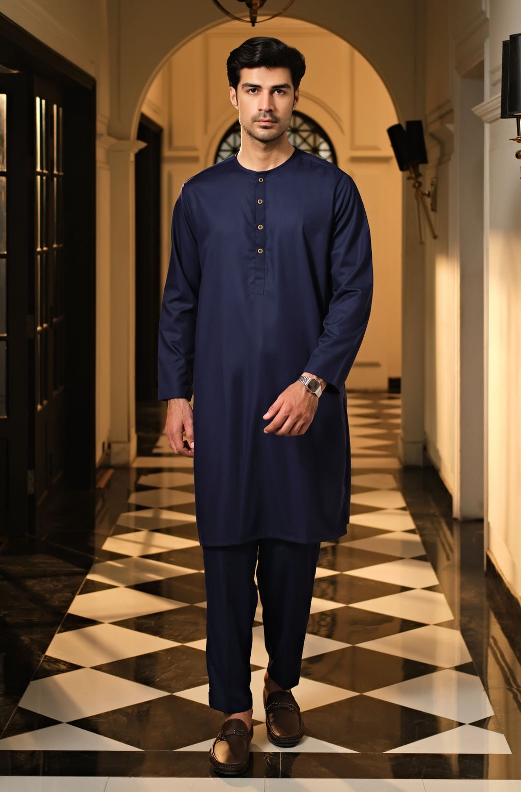 Manto Men's Midnight Blue Lucknow Style Collar Wash-n-Wear Kurta & Pajama Set