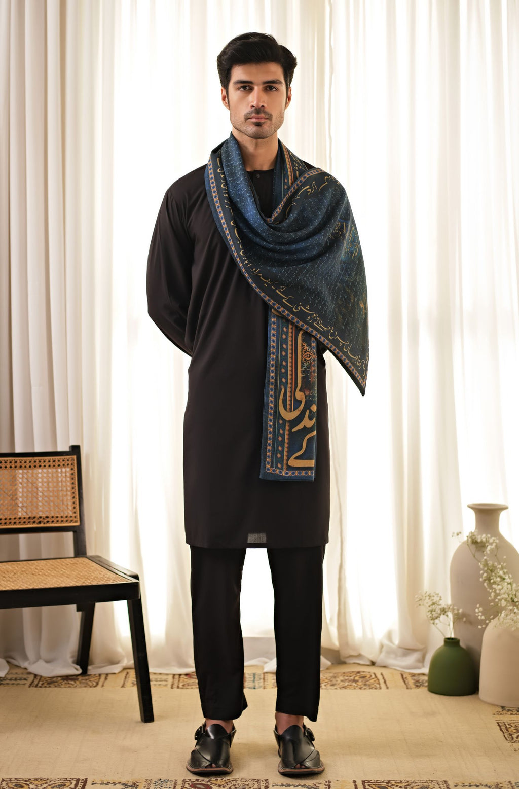 Manto's Unisex Double Sided Blue Chirag Stole featuring Urdu Calligraphy