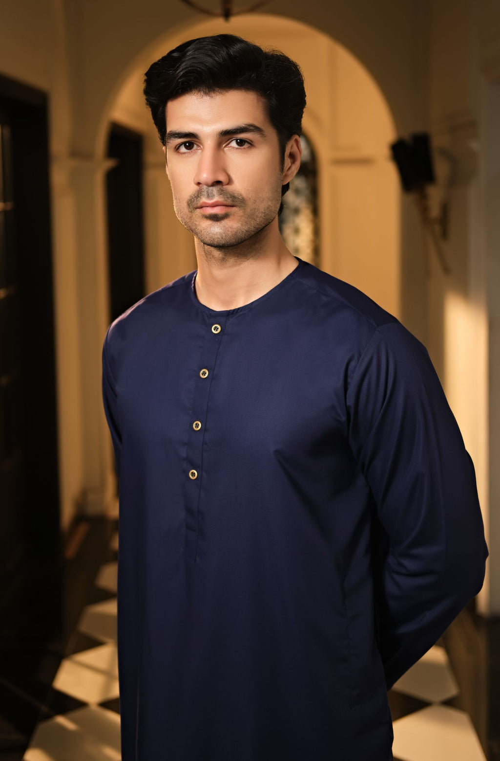 Manto Men's Midnight Blue Lucknow Style Collar Wash-n-Wear Kurta & Pajama Set