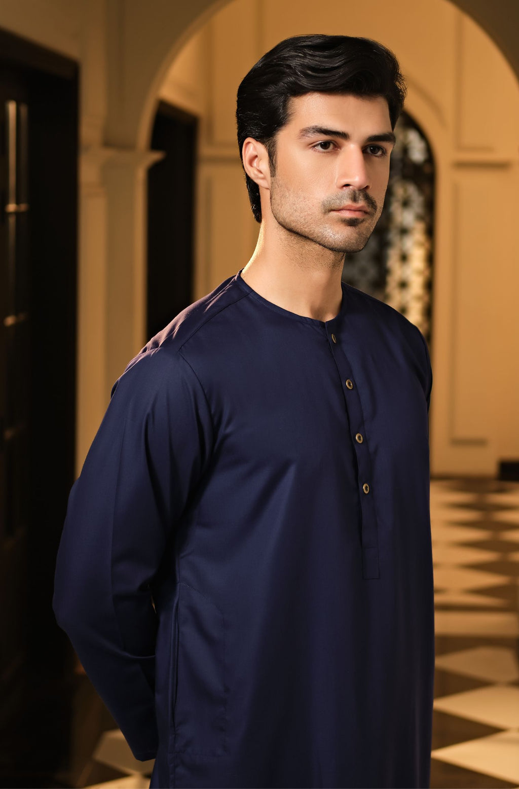 Manto Men's Midnight Blue Lucknow Style Collar Wash-n-Wear Kurta & Pajama Set