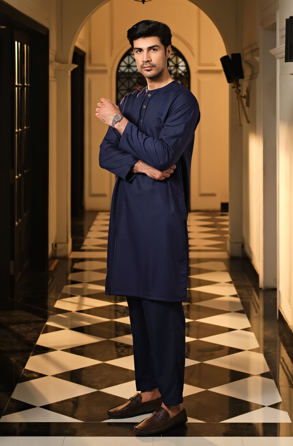 Manto Men's Midnight Blue Lucknow Style Collar Wash-n-Wear Kurta & Pajama Set
