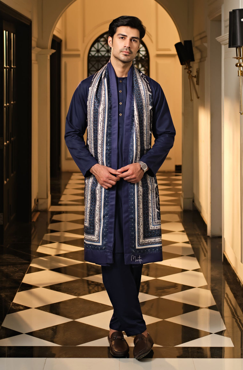 Manto Men's Midnight Blue Lucknow Style Collar Wash-n-Wear Kurta & Pajama Set Paired with Rashk Shawl