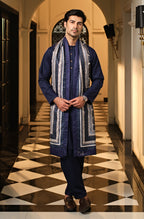 Manto Men's Midnight Blue Lucknow Style Collar Wash-n-Wear Kurta & Pajama Set Paired with Rashk Shawl