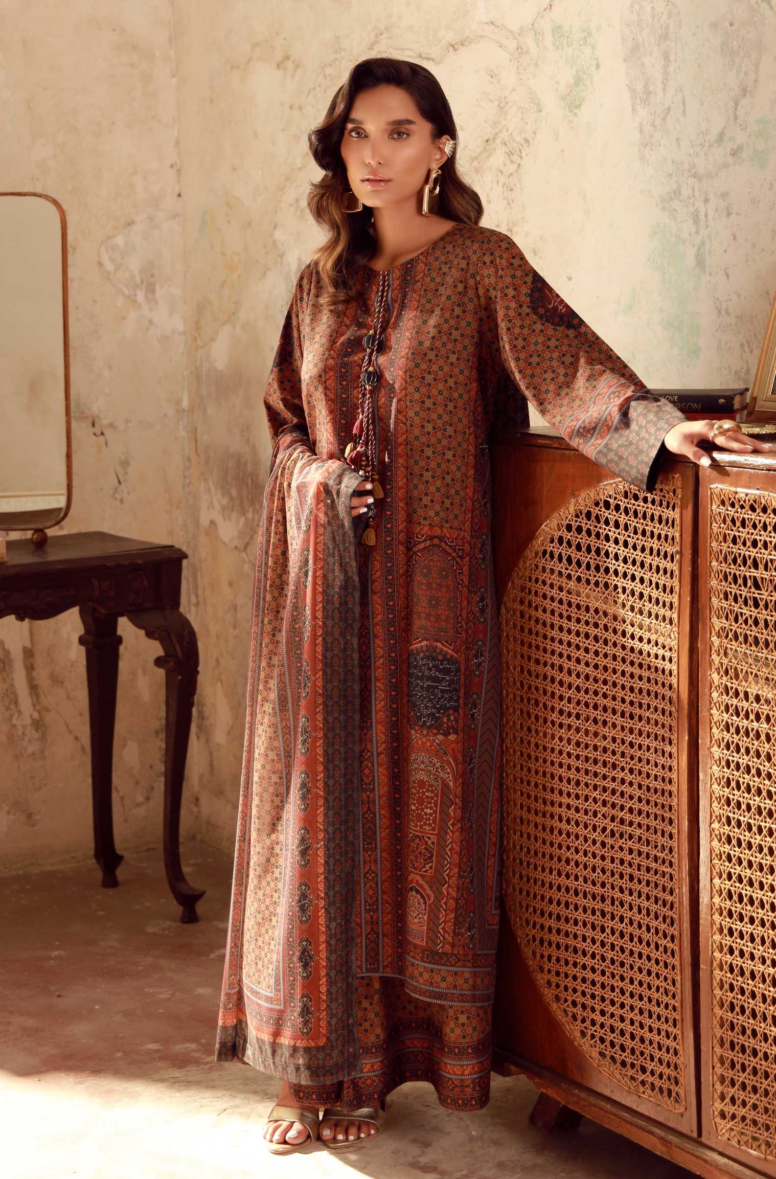 Manto Women's Ready to Wear 2 Piece Brown Co-Ord Set with Urdu Calligraphy