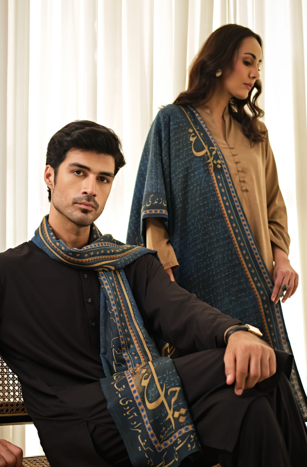 Manto's Unisex Double Sided Blue Chirag Stole featuring Urdu Calligraphy