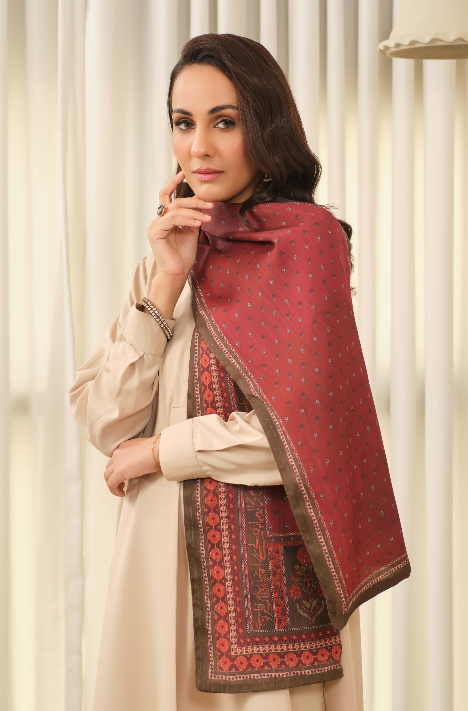 Manto Women's Rust Double Sided Silk Stole with Urdu Calligraphy