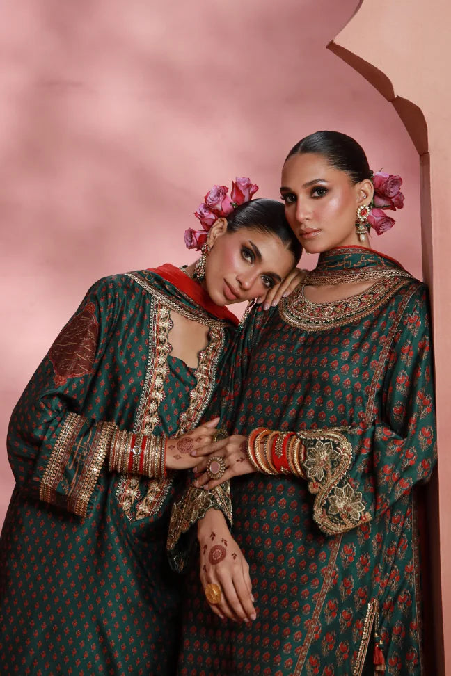 Manto Women's Ready to wear Deep Green Festive Wear 3 Piece Set with Urdu Calligraphy