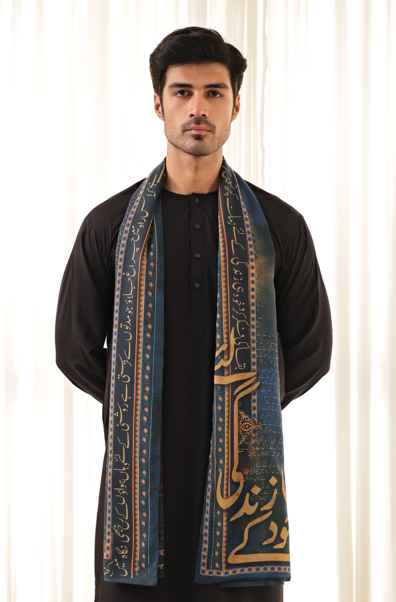 Manto's Unisex Double Sided Blue Chirag Stole featuring Urdu Calligraphy