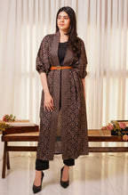 Shopmanto, wear manto, manto clothing brand, manto pakistan, ladies clothing brand, urdu calligraphy clothing, wear manto shrugs, ayra shrug black and gold with urdu calligraphy, women shrugs with urdu calligraphy, women front open upper 