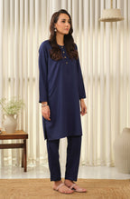 Manto Women's Midnight Blue 2-Piece Lucknow Style Collar Solid Co-Ord Set