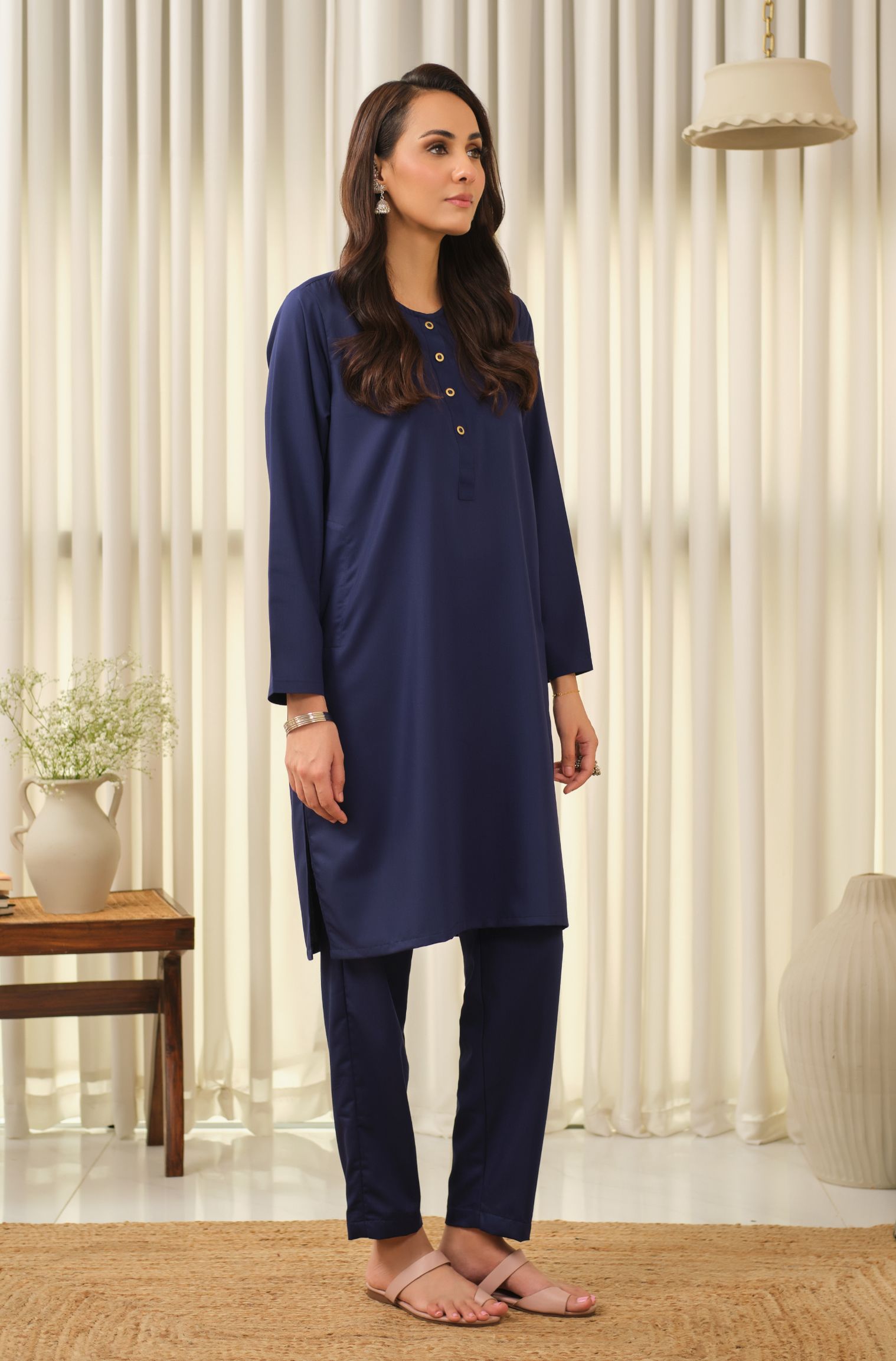 Manto Women's Midnight Blue 2-Piece Lucknow Style Collar Solid Co-Ord Set