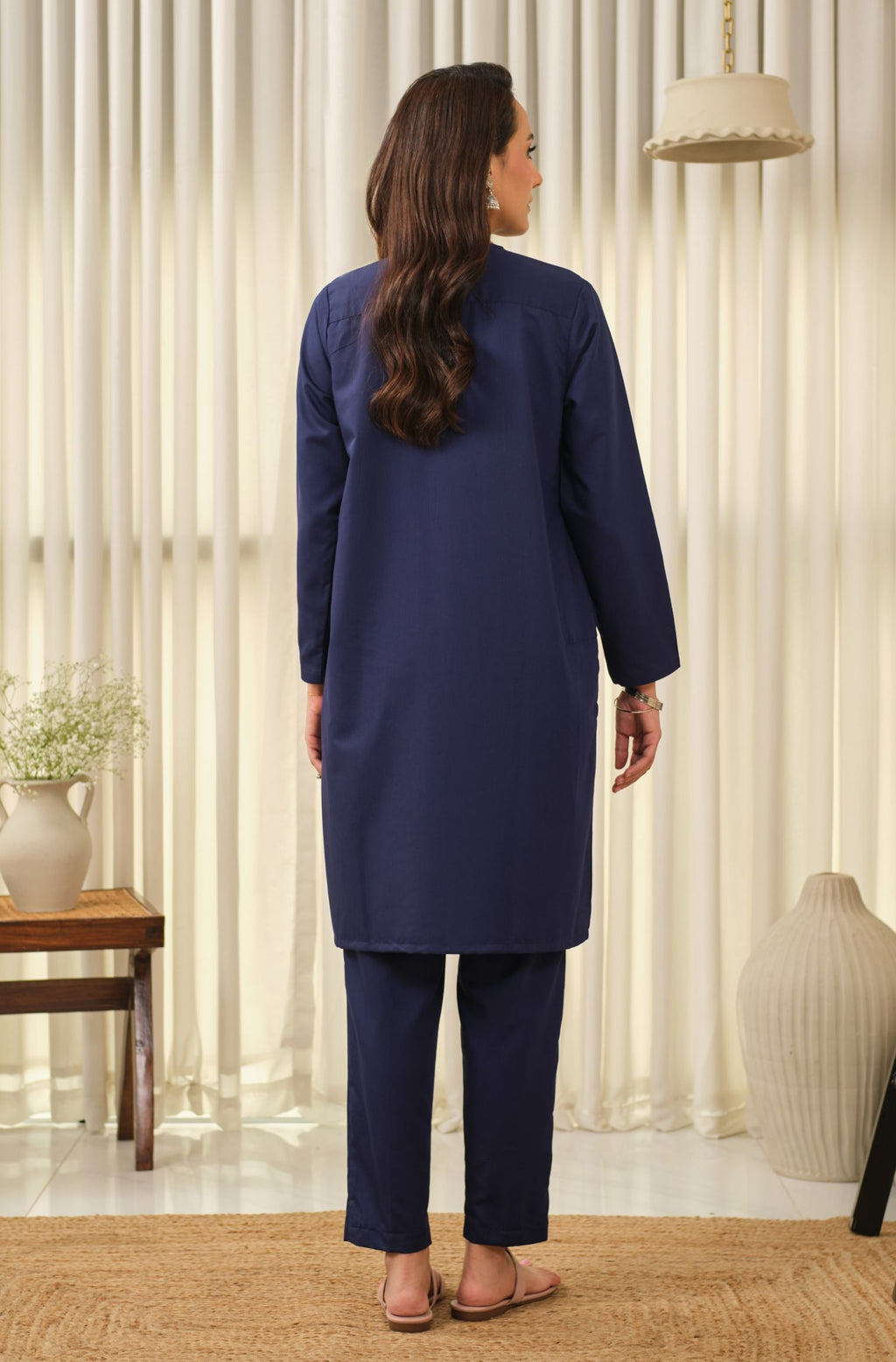 Manto Women's Midnight Blue 2-Piece Lucknow Style Collar Solid Co-Ord Set
