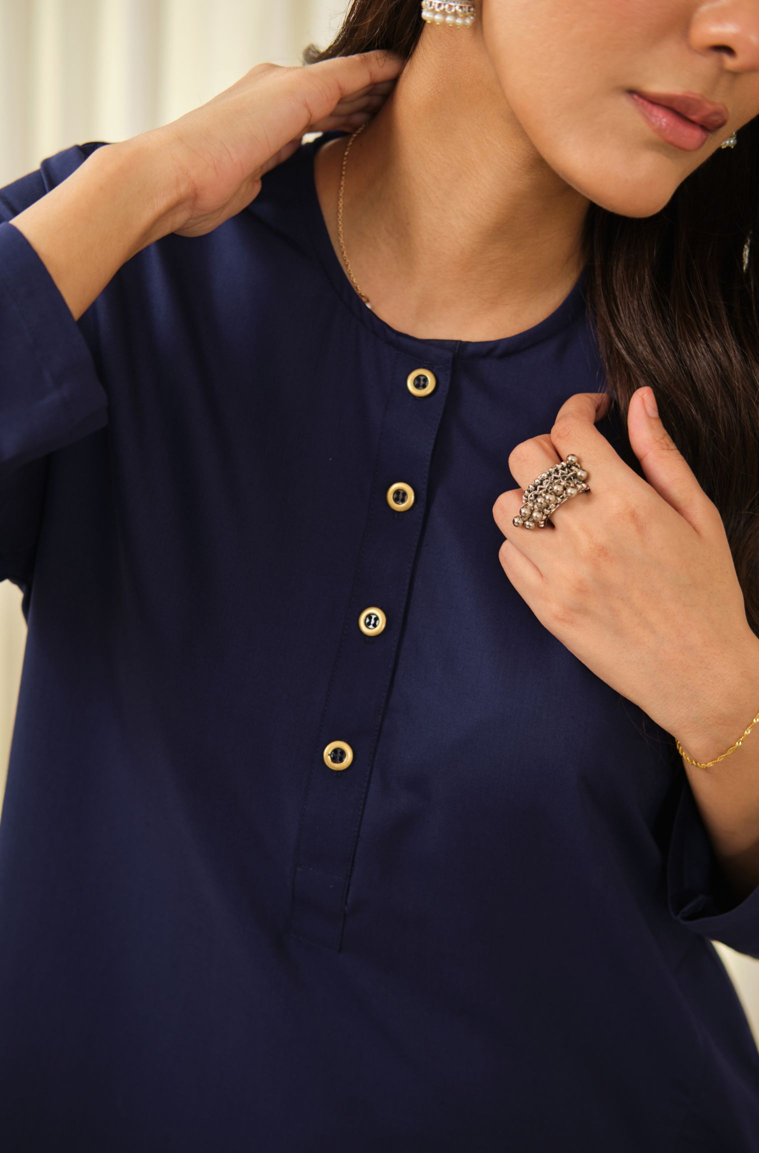 Manto Women's Midnight Blue 2-Piece Lucknow Style Collar Solid Co-Ord Set