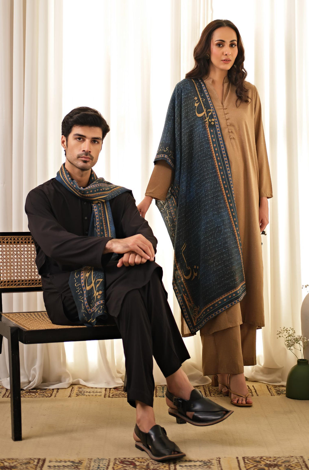 Manto's Unisex Double Sided Blue Chirag Stole featuring Urdu Calligraphy