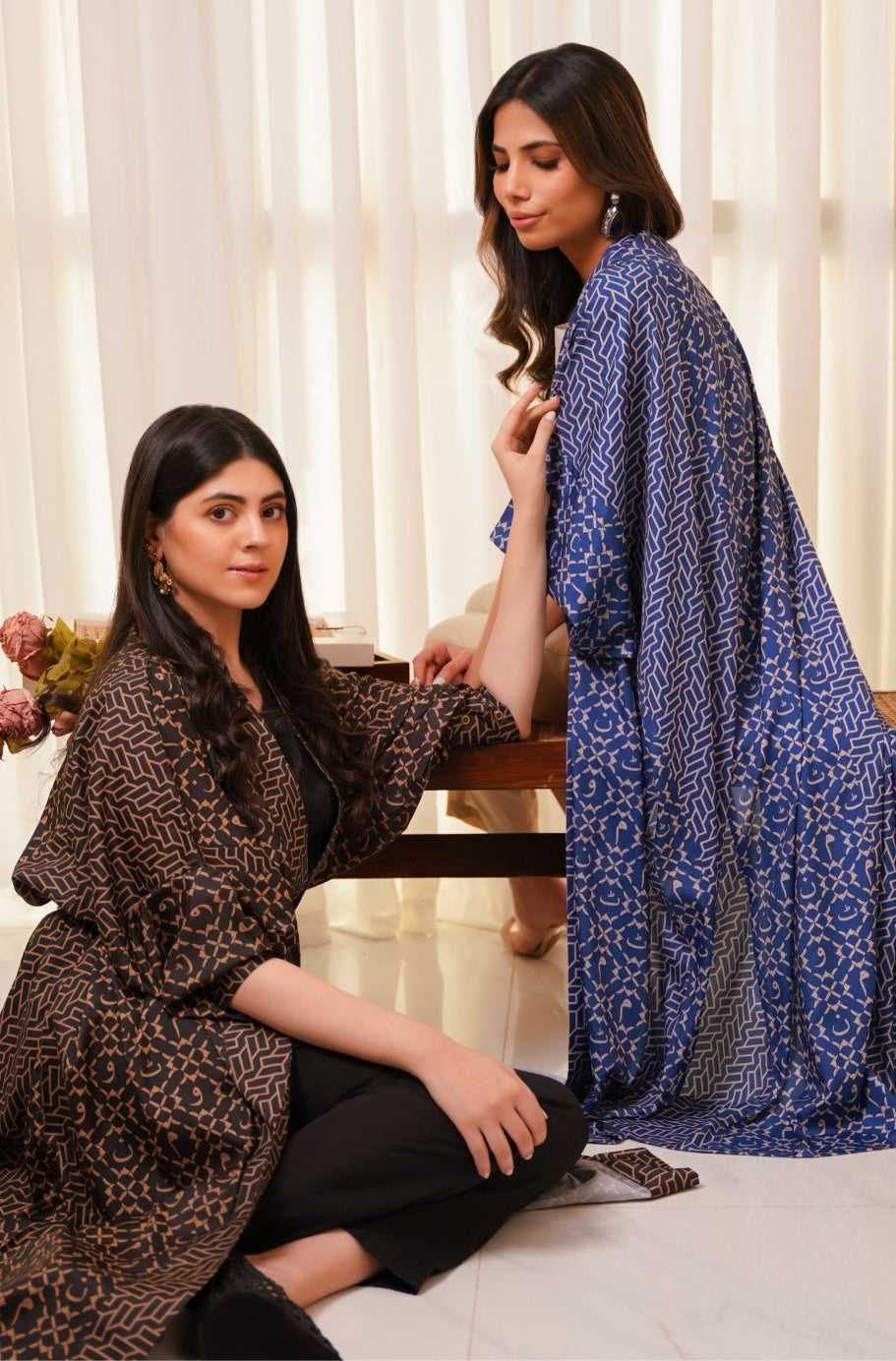 Shopmanto, wear manto, manto clothing brand, manto pakistan, ladies clothing brand, urdu calligraphy clothing, wear manto shrugs, ayra shrug blue and beige with urdu calligraphy, women shrugs with urdu calligraphy, women front open upper 