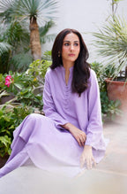 Manto Women's 2 Piece Soft Lavender Solid Kalidaar Co-ord with Loop Buttons on the Neckline