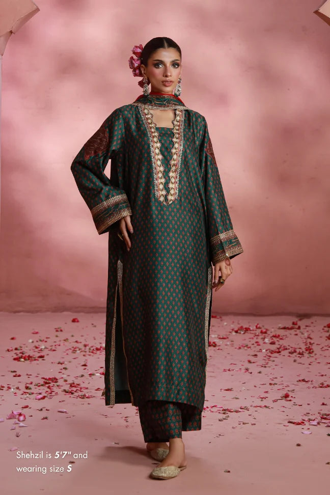 Manto Women's Ready to wear Deep Green Festive Wear 3 Piece Set with Urdu Calligraphy