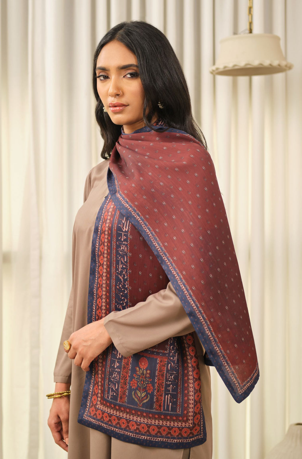 Manto Women's Maroon Double Sided Stole with Urdu Calligraphy